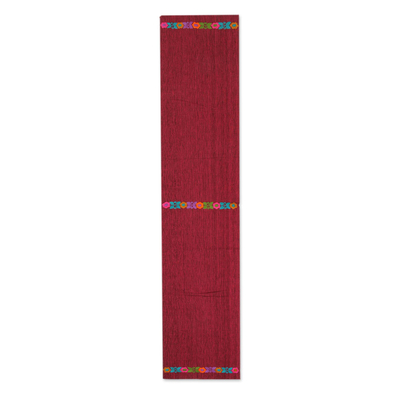 Cotton table runner, 'Floral Heather' - Floral Cotton Table Runner in Crimson from Mexico