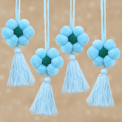 Cotton ornaments, 'Flower Festivity in Cerulean' (set of 4) - Floral Cotton Ornaments in Cerulean from Mexico (Set of 4)