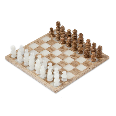 Onyx and Marble Chess Set in Brown and Beige (13.5 in.)