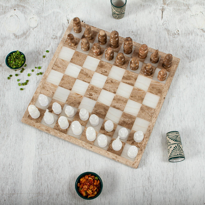 13 Inch Beige NOVICA 339026 Brown Challenge Marble Chess Set