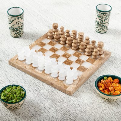 Onyx and marble chess set, 'Brown and White Challenge' (7.5 inch) - Onyx and Marble Chess Set in Brown and White (7.5 in.)