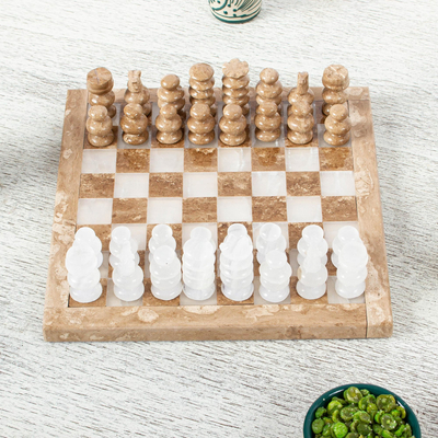 Onyx and marble chess set, 'Brown and White Challenge' (7.5 inch) - Onyx and Marble Chess Set in Brown and White (7.5 in.)
