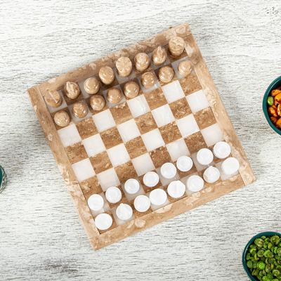 Juego de ajedrez de ónix y mármol, (7,5 pulgadas) - Juego de ajedrez de mármol y ónix en marrón y blanco (7,5 pulg.)