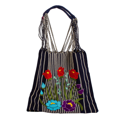 Cotton tote, 'Navy Bouquet' - Striped Floral Cotton Tote in Navy from Mexico