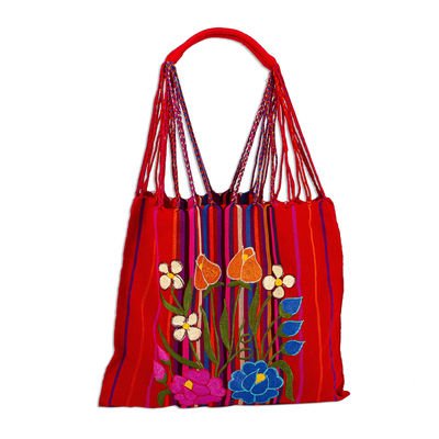 Cotton tote, 'Rainbow Bouquet' - Handwoven Floral Cotton Tote from Mexico