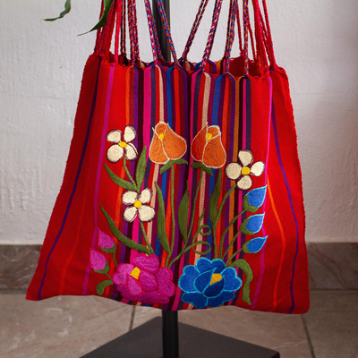 Baumwolltasche - Handgewebte florale Baumwolltasche aus Mexiko