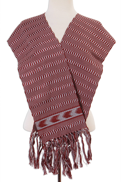 Cotton scarf, 'Illusory Chevrons' - Handwoven Cotton Wrap Scarf in Poppy and Ash from Mexico