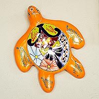 Escultura de pared de cerámica, 'Lively Turtle' - Escultura de pared de cerámica de Talavera de tortuga animada de México