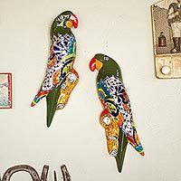 Ceramic wall sculptures, 'Parrot Friends' (pair)