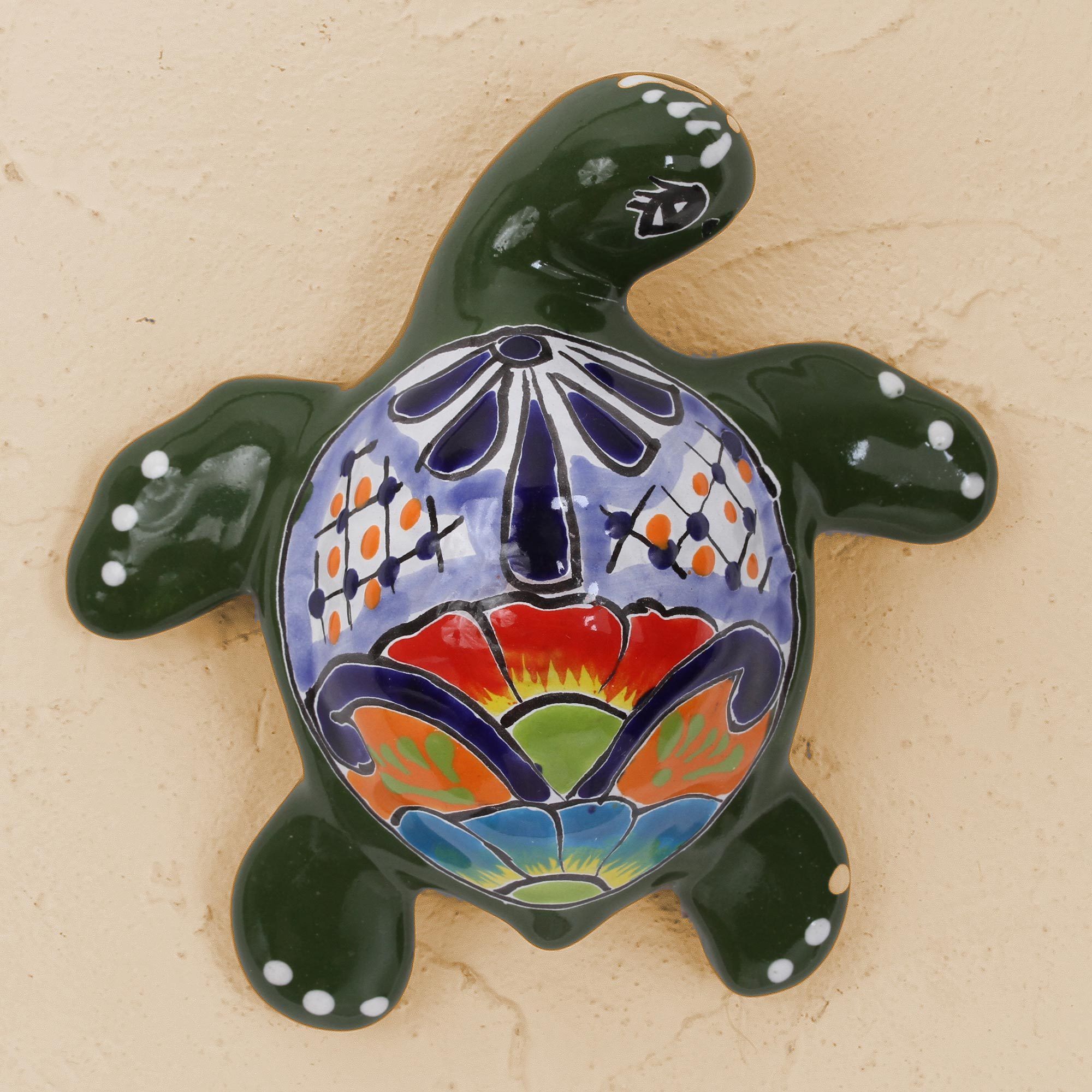 Ceramic Turtle Wall Sculpture in Green from Mexico Delightful Turtle