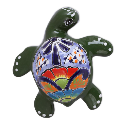 Escultura mural de cerámica - Escultura de pared de tortuga de cerámica en verde de México