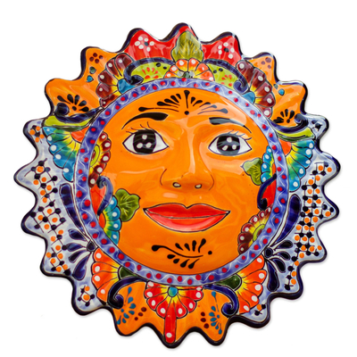 Ceramic wall sculpture, 'Luz del Sol' - Hand-Painted Ceramic Sun Wall Sculpture from Mexico