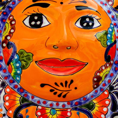 Escultura mural de cerámica - Escultura de pared de sol de cerámica pintada a mano de México