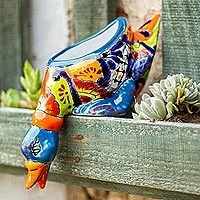 Ceramic flower pot, 'Feeding Duck' - Hand-Painted Ceramic Duck Flower Pot from Mexico