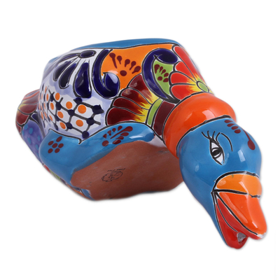 Ceramic flower pot, 'Feeding Duck' - Hand-Painted Ceramic Duck Flower Pot from Mexico