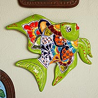 Hand-Painted Ceramic Fish Wall Sculpture from Mexico,'Green Angelfish'