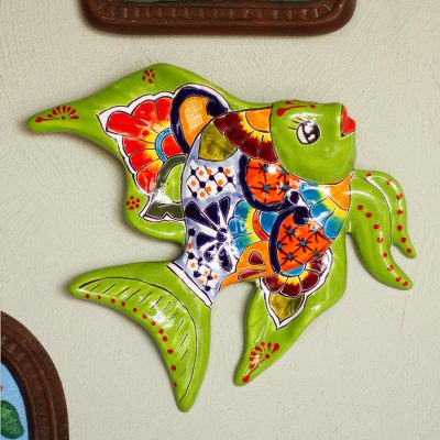 Ceramic wall sculpture, 'Green Angelfish' - Hand-Painted Ceramic Fish Wall Sculpture from Mexico