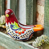 Macetero de cerámica, 'Sweet Dove' - Macetero de cerámica con forma de paloma, pintado a mano, procedente de México