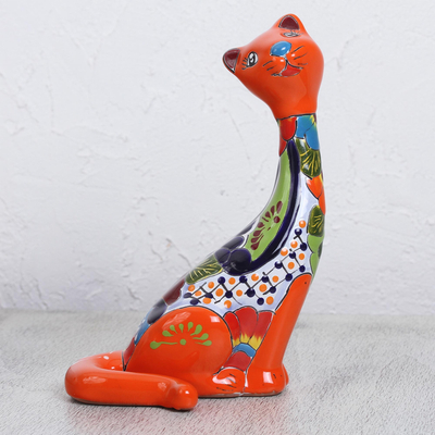 Ceramic sculpture, 'Regal Cat' - Hand-Painted Ceramic Cat Sculpture from Mexico