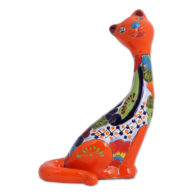 Ceramic sculpture, 'Regal Cat' - Hand-Painted Ceramic Cat Sculpture from Mexico