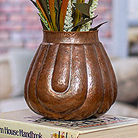 Copper vase, 'Fluid Textures' - Textured Copper Vase Handcrafted in Mexico