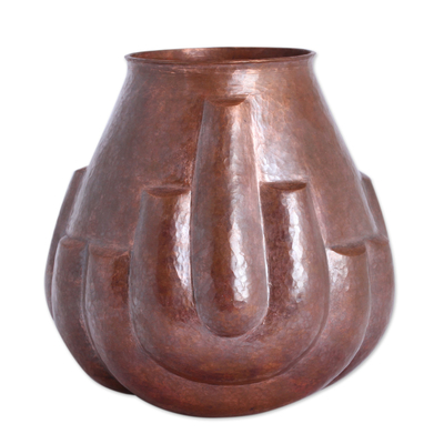 Handcrafted Curved Motif Copper Vase from Mexico