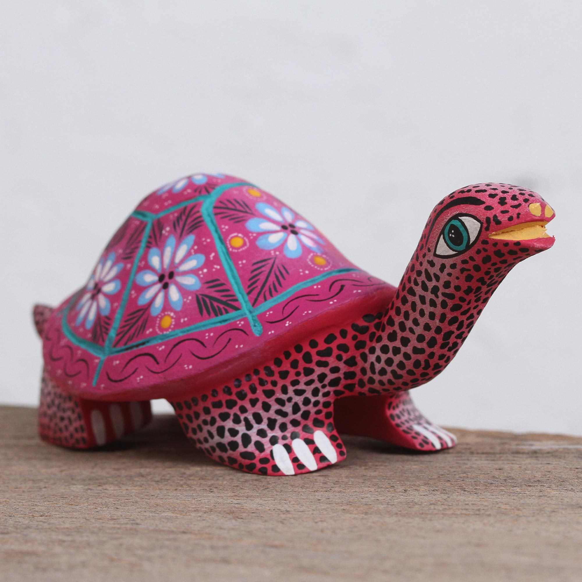 Handcrafted Fuchsia Colorful Flowers Wood Alebrije Turtle - Festive