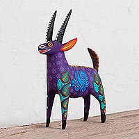 Wood alebrije sculpture, Purple Goat