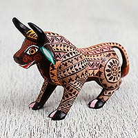 Wood alebrije figurine, 'Earthen Bull'