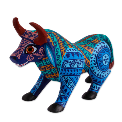 Wood alebrije figurine, 'Colorful Bull' - Multicolored Wood Alebrije Bull Figurine from Mexico