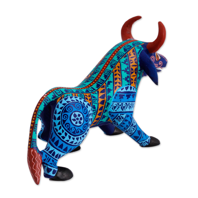 Wood alebrije figurine, 'Colorful Bull' - Multicolored Wood Alebrije Bull Figurine from Mexico