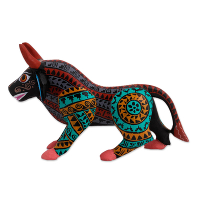 Wood alebrije figurine, 'Intricate Bull' - Colorful Wood Alebrije Bull Figurine from Mexico