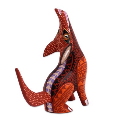 Wood alebrije figurine, 'Fascinating Coyote' - Wood Alebrije Coyote Figurine in Red and Orange from Mexico