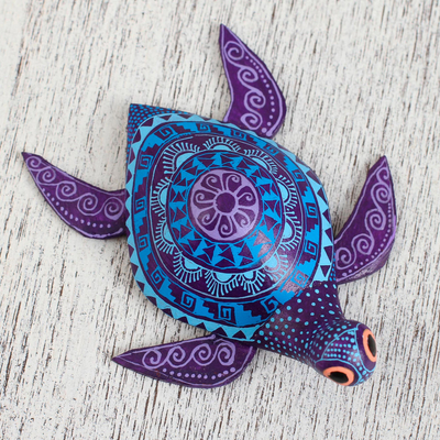 Wood alebrije figurine, 'Cool Sea Turtle' - Wood Alebrije Sea Turtle Figurine in Blue and Purple
