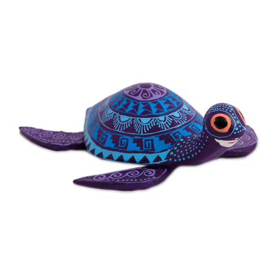 Holz-Alebrije-Figur, 'Coole Meeresschildkröte' - Holz Alebrije Meeresschildkröte Figur in blau und lila