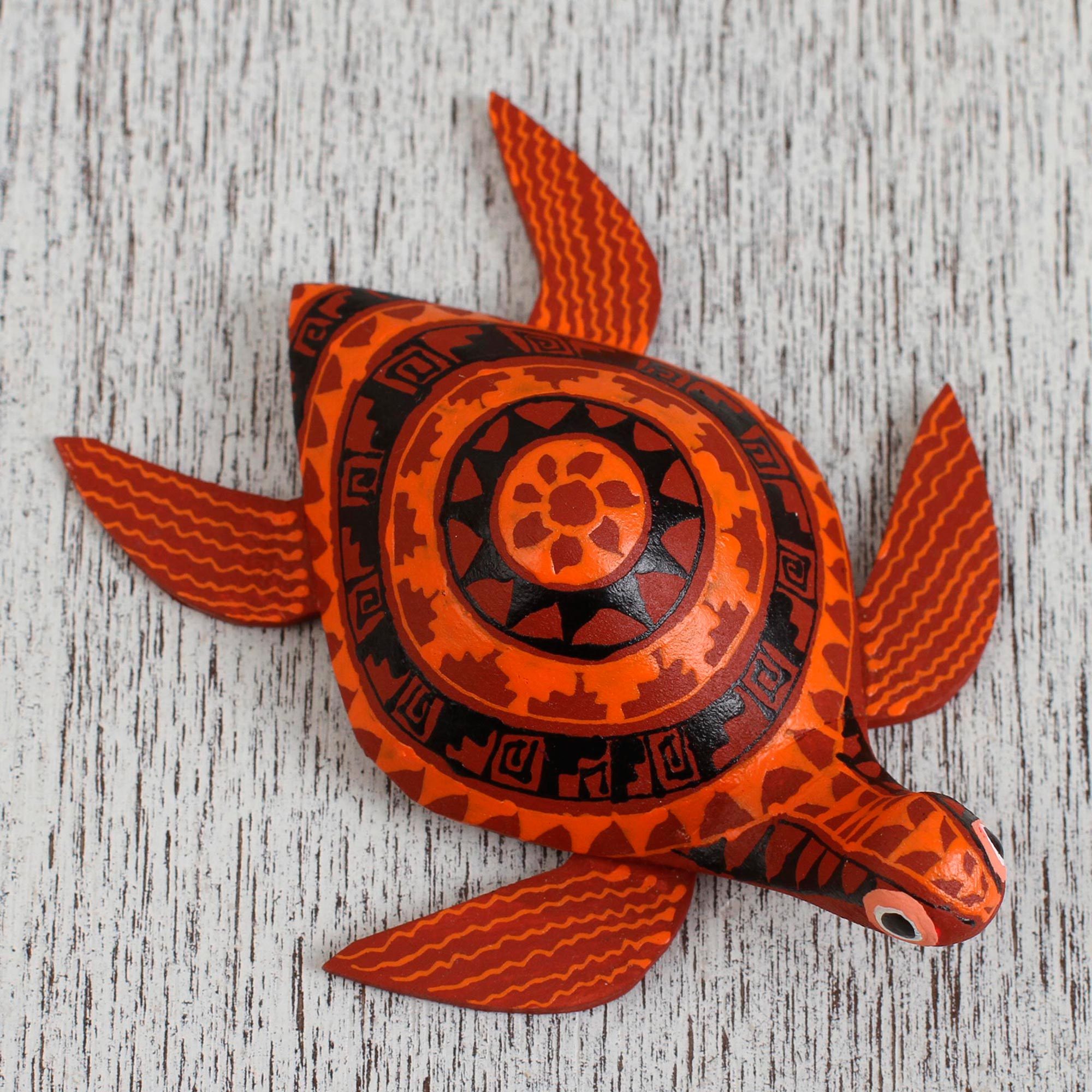 Wood Alebrije Sea Turtle Figurine in Orange from Mexico - Sunset