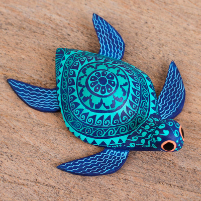 Wood alebrije figurine, 'Cute Sea Turtle' - Wood Alebrije Sea Turtle Figurine in Blue and Turquoise
