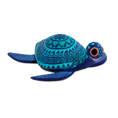 Wood alebrije figurine, 'Cute Sea Turtle' - Wood Alebrije Sea Turtle Figurine in Blue and Turquoise