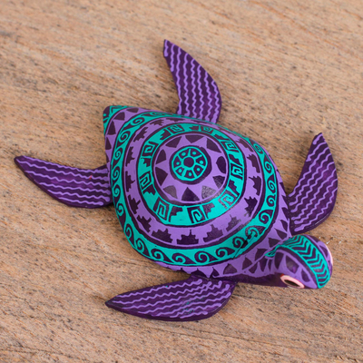 Wood alebrije figurine, 'Regal Sea Turtle' - Wood Alebrije Sea Turtle Figurine in Purple and Turquoise