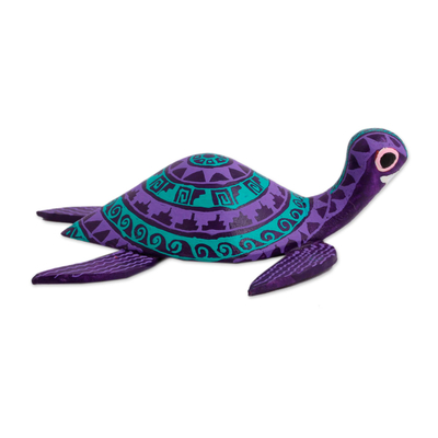 Wood alebrije figurine, 'Regal Sea Turtle' - Wood Alebrije Sea Turtle Figurine in Purple and Turquoise