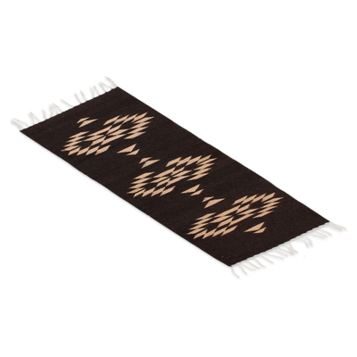 Wool area rug, 'Brown Geometry' (1x3.5) - Geometric Wool Area Rug in Espresso and Tan (1x3.5)