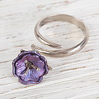 Titanium and sterling silver wrap ring, 'Stunning Violet' - Sterling Silver Wrap Ring with Purple Titanium Flower Charm