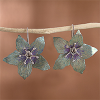 Titanium plated sterling silver drop earrings, 'Starry Bloom' - Floral Titanium Plated Sterling Silver Drop Earrings