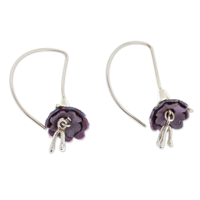 Titanium plated sterling silver drop earrings, 'Sleepy Flowers' - Floral Titanium Plated Sterling Silver Drop Earrings