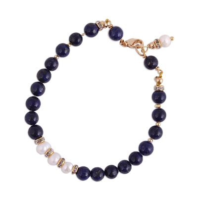 Gold accent lapis lazuli and cultured pearl beaded bracelet, 'Midnight Moonrise' - Gold Accent Cultured Pearl and Lapis Beaded Pendant Bracelet