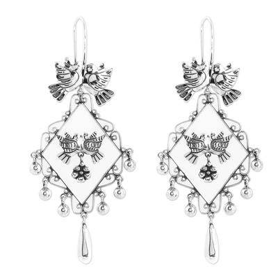 Sterling silver chandelier earrings, 'Peace and Elegance' - Sterling Silver Doves in Diamond-Shape Frame Earrings