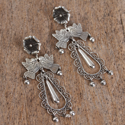 Sterling silver dangle earrings, 'Peaceful Oasis' - Sterling Silver Doves Atop Teardrop Frame Dangle Earrings