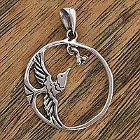 Sterling silver pendant, 'Delicate Hummingbird' - Sterling Silver Hummingbird in Circle Frame Pendant