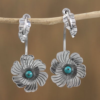 Turquoise drop earrings, 'Radiant Posy' - Sterling Silver Turquoise Accent Flower Motif Drop Earrings