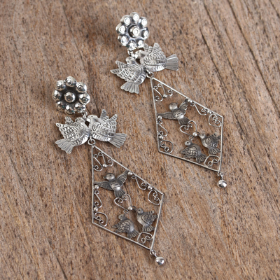 Sterling silver dangle earrings, 'Peace Celebrated' - Handcrafted Sterling Silver Dove and Flower Dangle Earrings